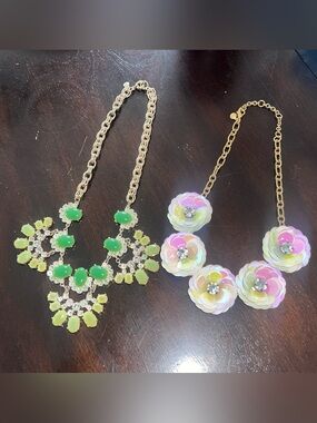 VTG J.CREW Faux Jade Rhinestone + Sequin Iridescent Flower Necklace Bundle